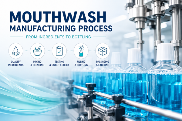 Modern mouthwash manufacturing process showing ingredient mixing, quality control, bottling, and packaging on an automated production line.