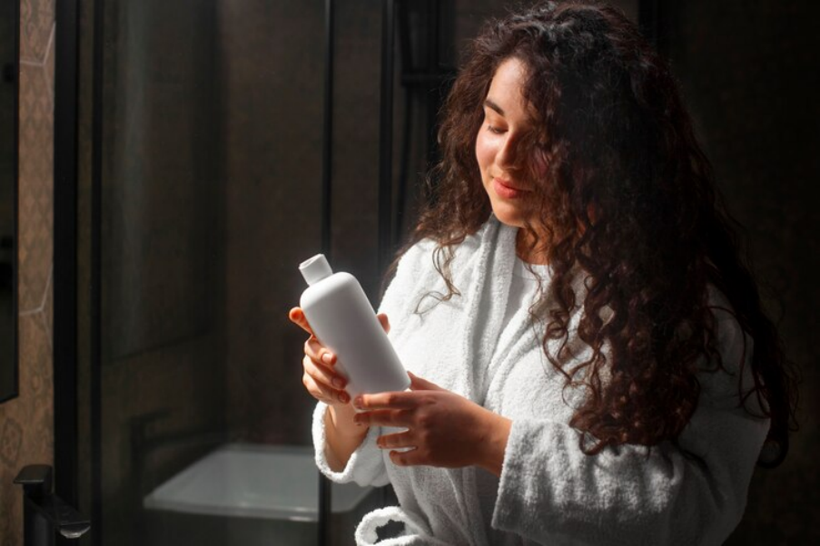 Woman content using biotin shampoo